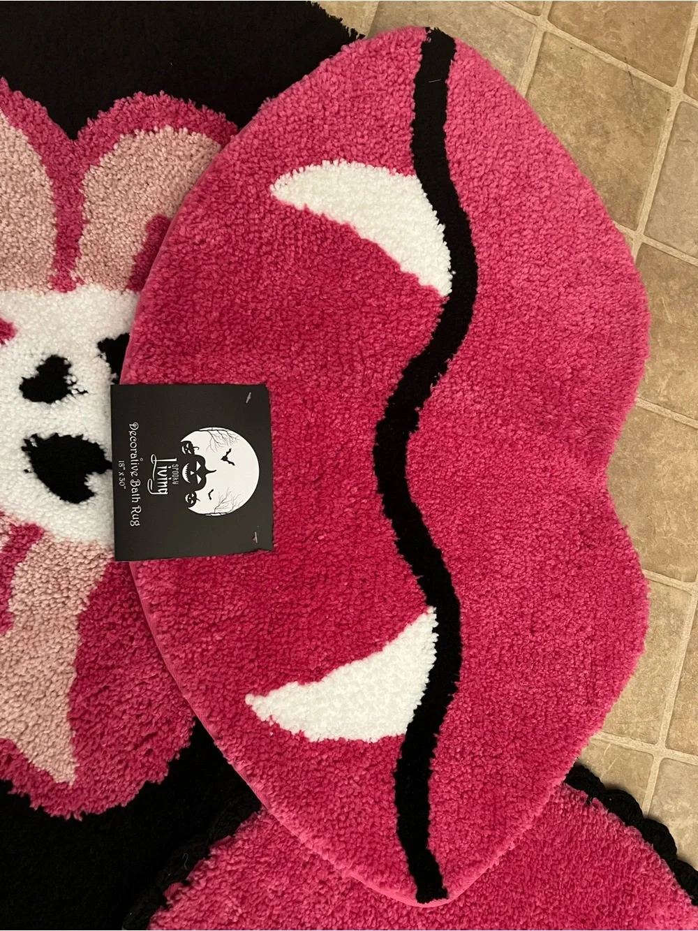 Gothic Pink & Black Skull & Bow, Skeleton & Vampire Lips 3pc Halloween Bath Rugs